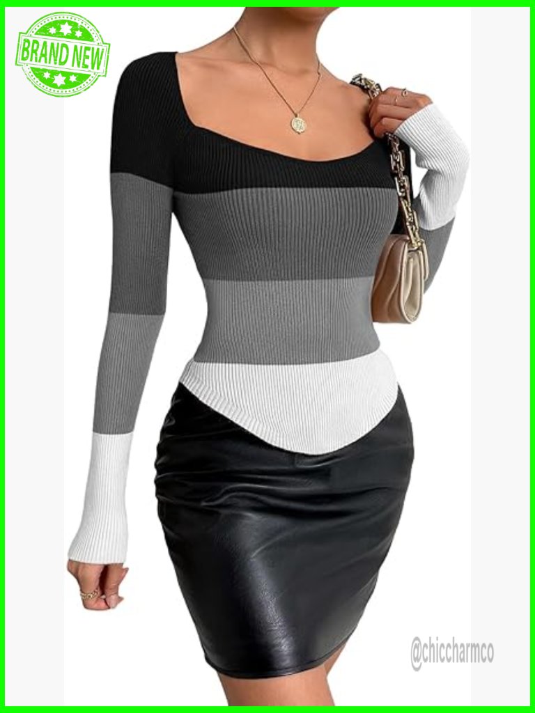 Ribbed Knit Sweetheart Neck Long Sleeve Blouse